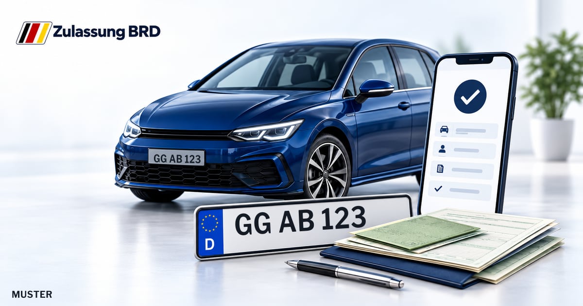 Online Fahrzeugzulassung in Büttelborn: Musterkennzeichen GG AB 123, Auto und Fahrzeugpapiere und Smartphone. Illustration mit Logo von Zulassung BRD.